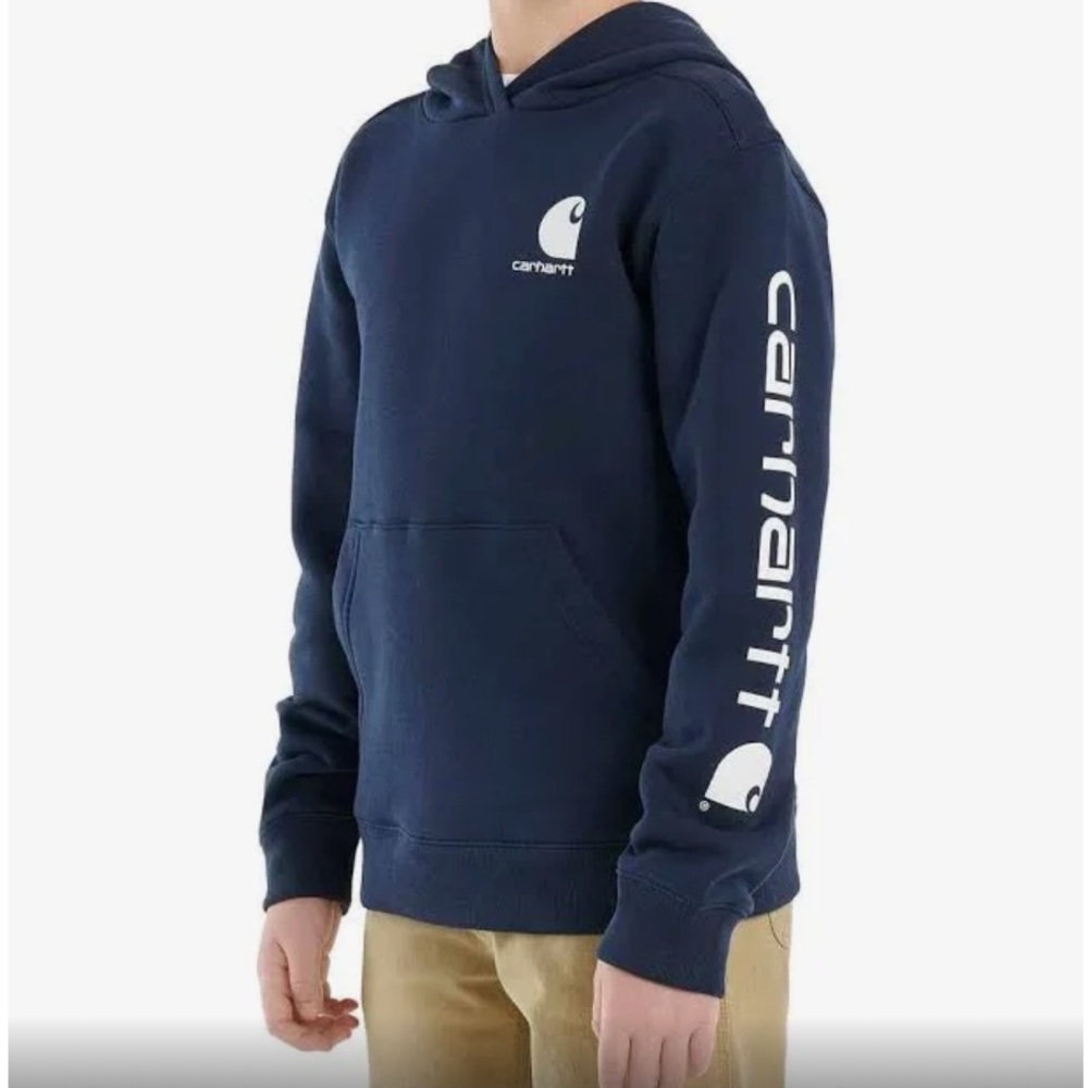 Carhartt Navy Blue Graphic Hoodie w Kanga Pocket Sz LARGE 14/16 w MEASUREMENTS